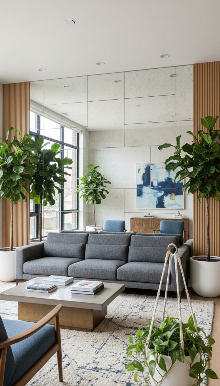 wall behind sofa design ideas - Mirrored Surfaces: Expanding Space and Light