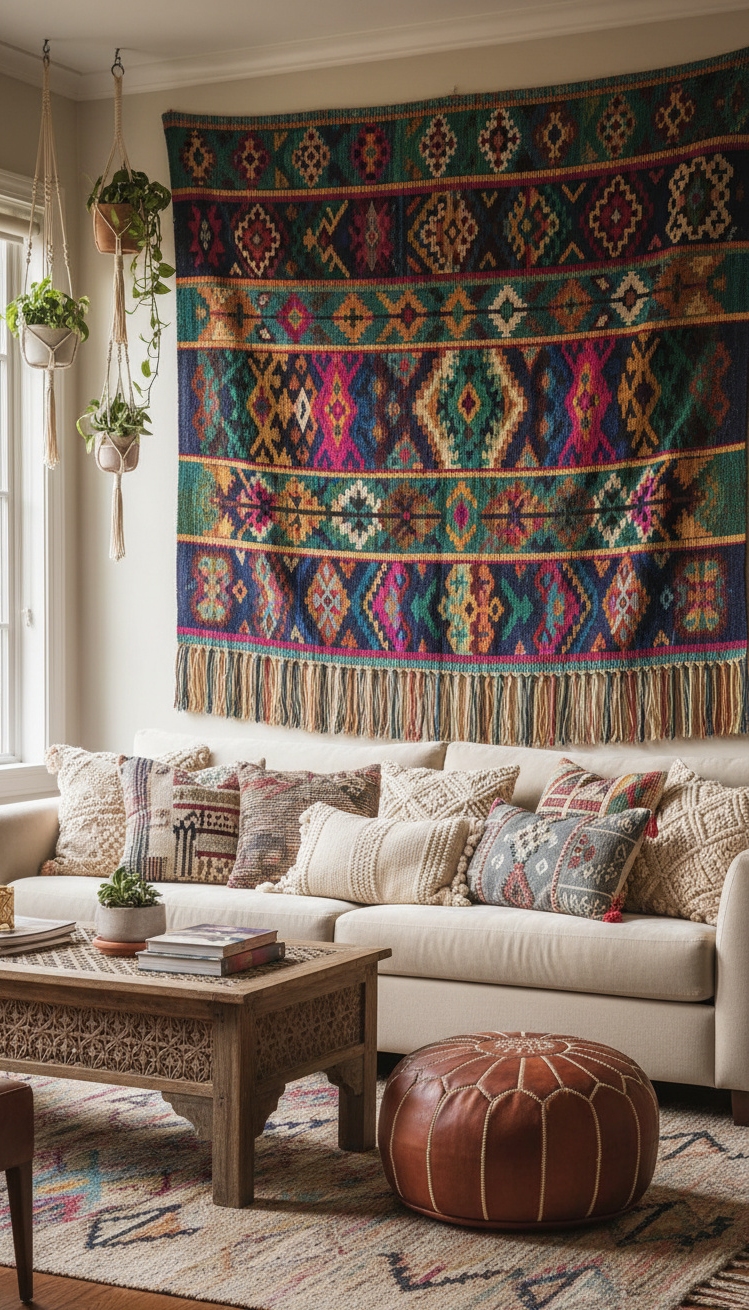 wall behind sofa design ideas - Statement Wall Hangings: Texture and Warmth