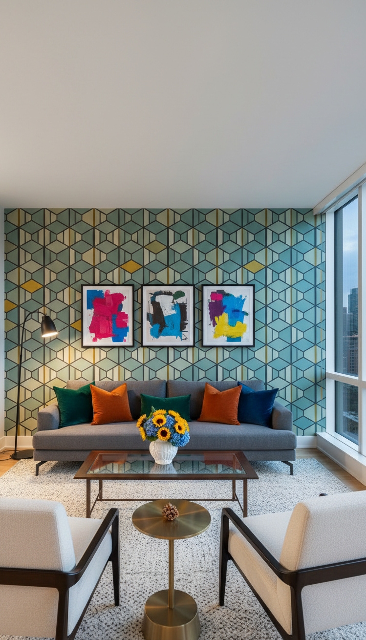 wall behind sofa design ideas - Geometric Wallpaper: Modern and Eye-Catching
