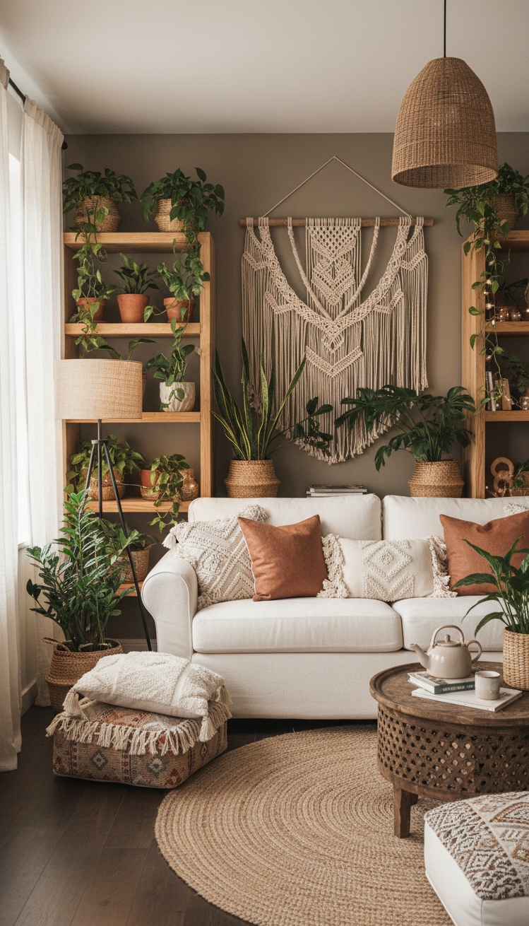 wall behind sofa design ideas - Bohemian Charm with Macramé Art