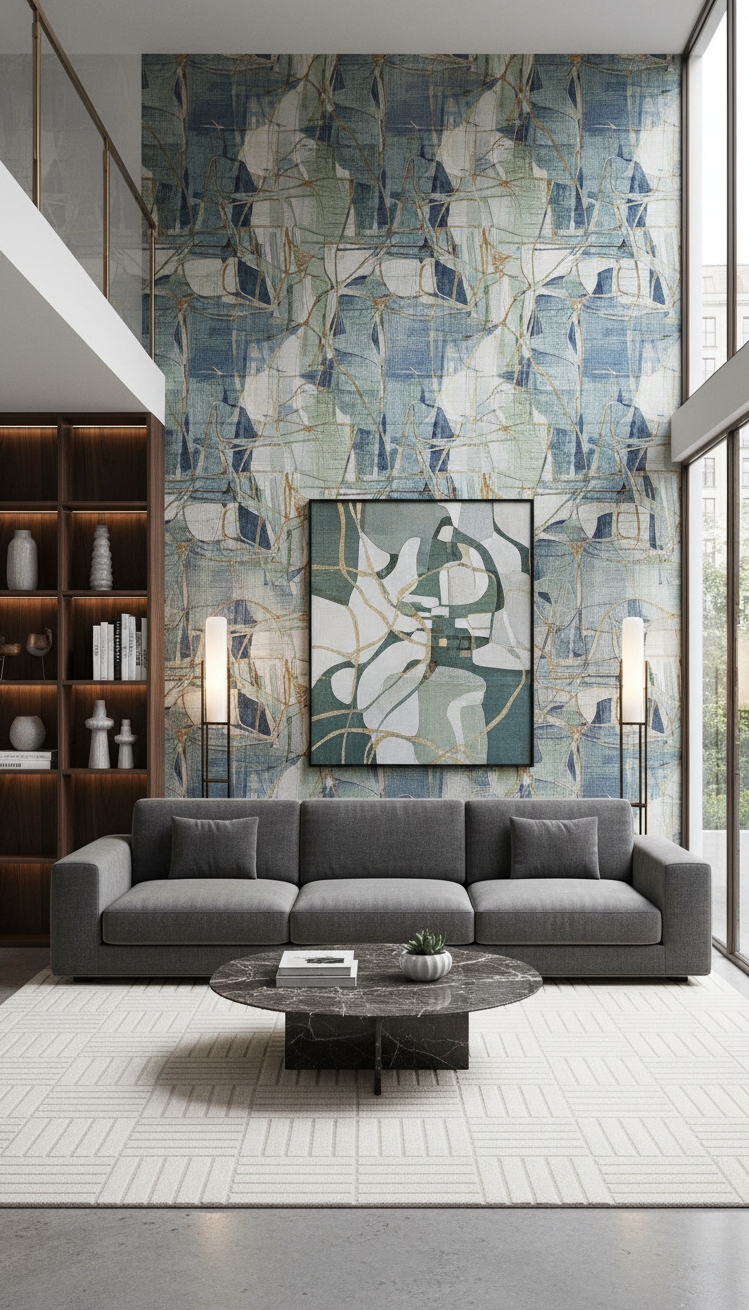 wall behind sofa design ideas - Textured Wallpaper: Subtle Sophistication