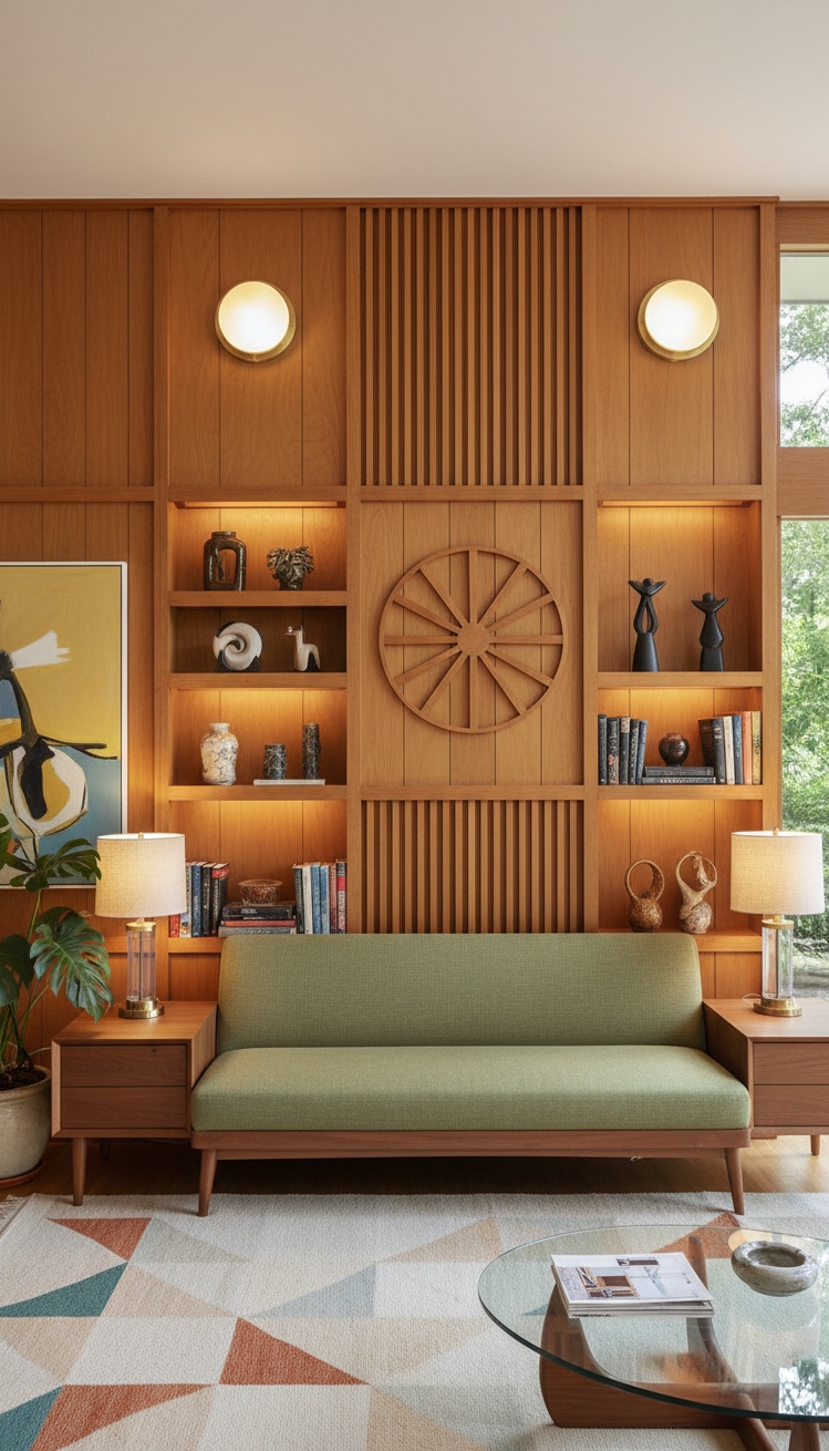 wall behind sofa design ideas - Warm Wood Paneling: Cozy and Timeless