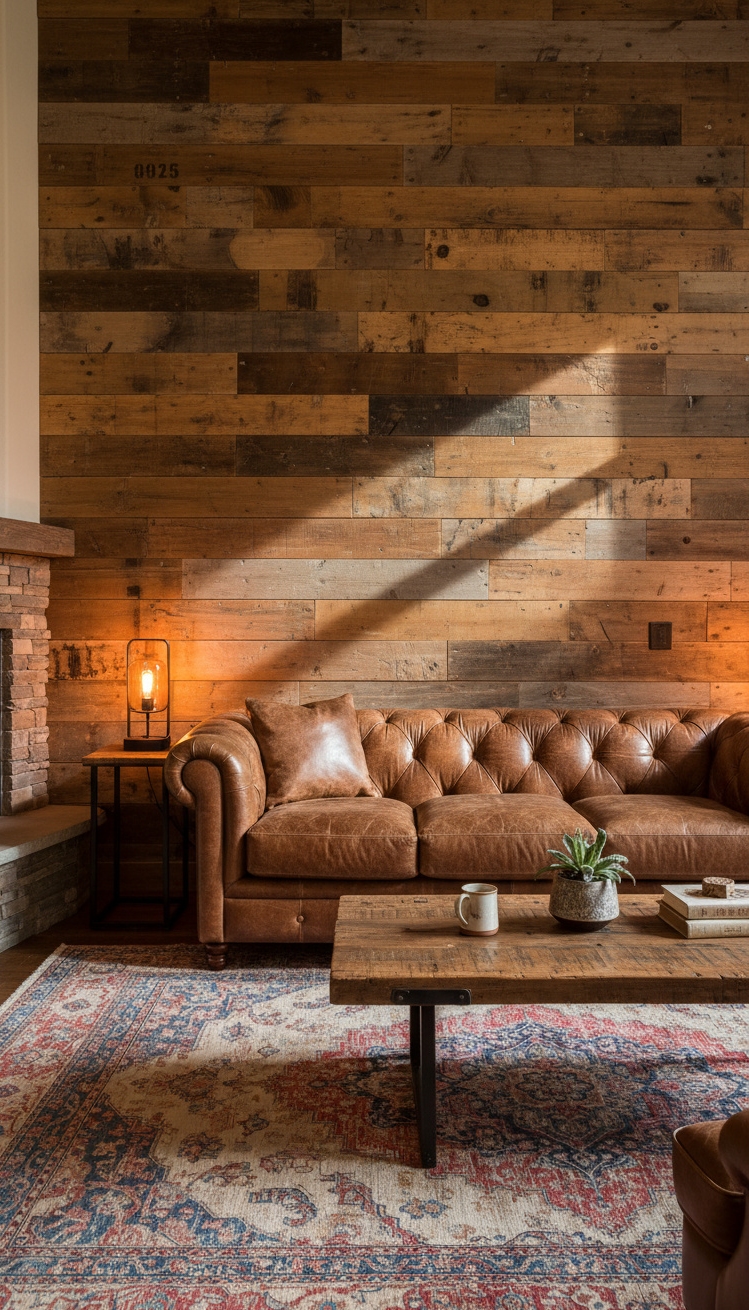 wall behind sofa design ideas - Reclaimed Wood Panels: Rustic Charm