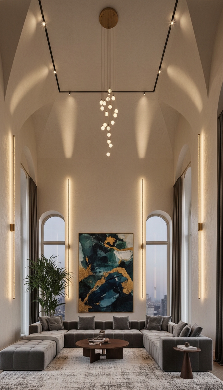wall mounted lights living room - Vertical Sconces Emphasize Room Height