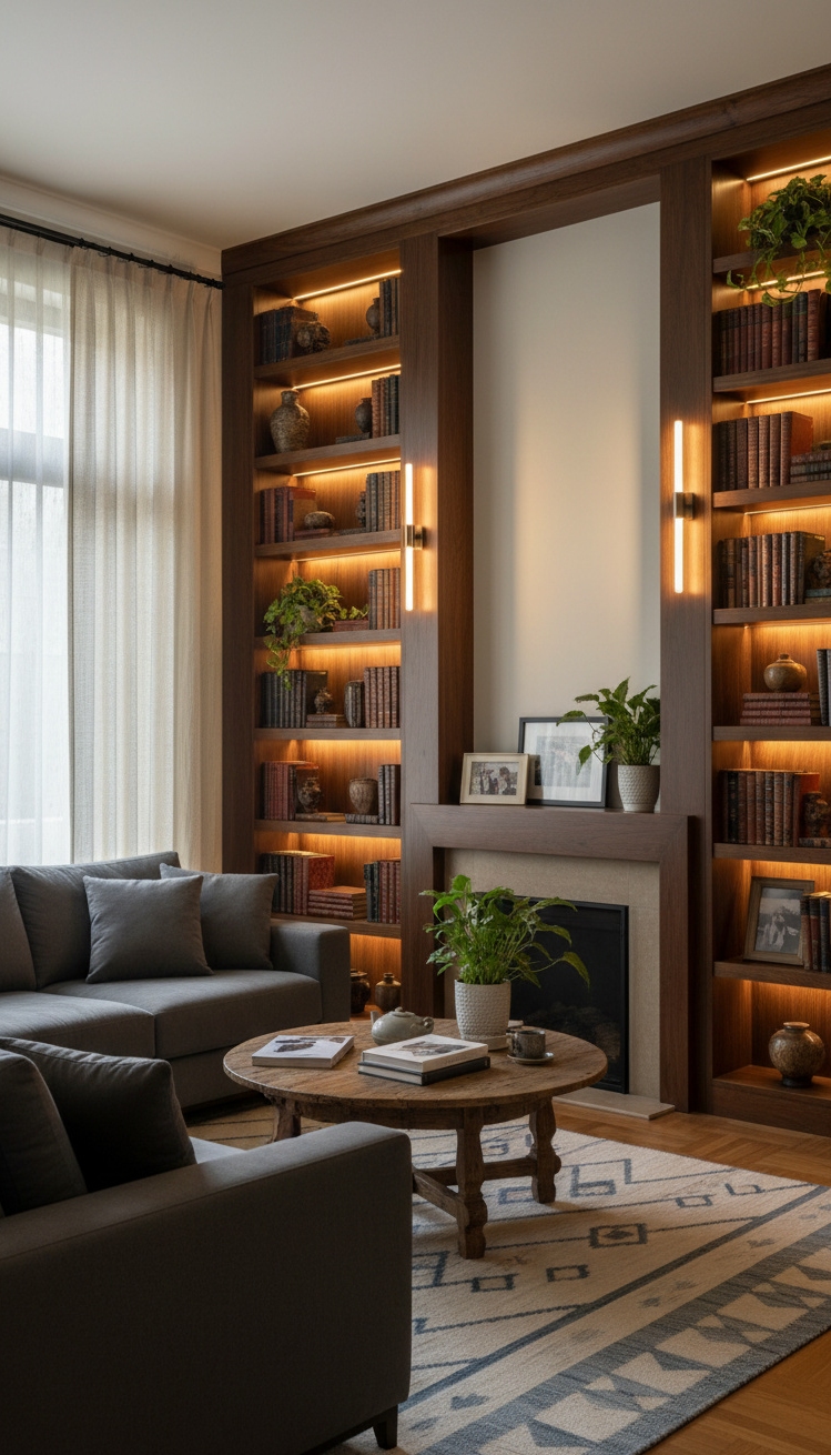 wall mounted lights living room - Illuminating Built-In Shelves with Warmth