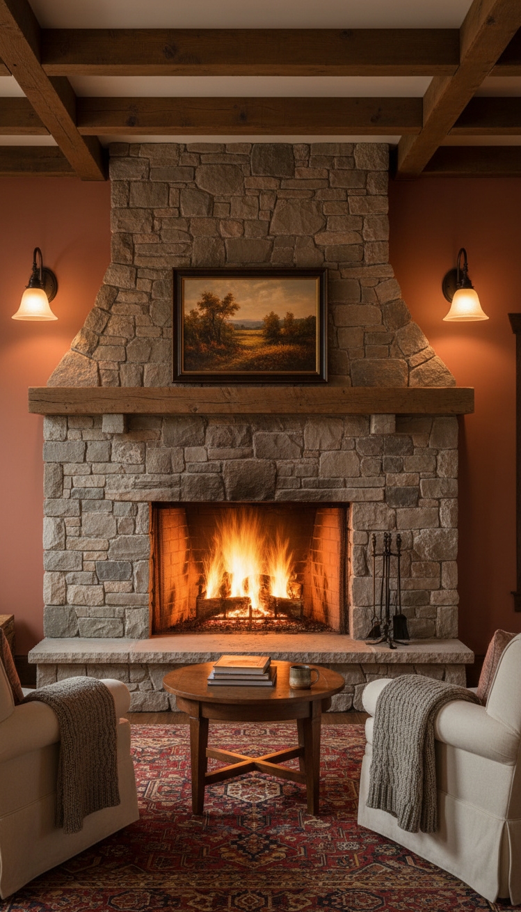 wall mounted lights living room - Stone Fireplace Enhanced by Soft Sconce Lighting