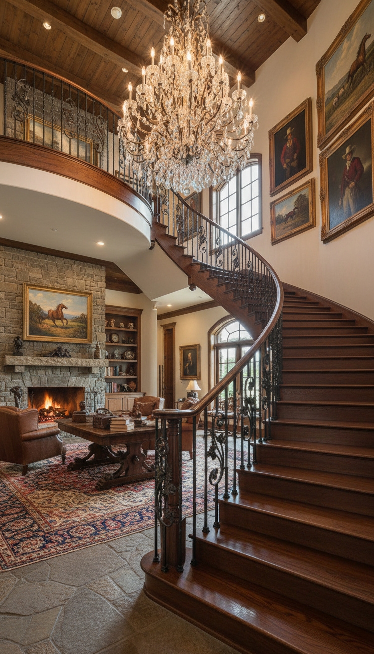 ranch mansion - Striking Grand Staircase Captivates the Eye - The grand staircase features dark wrought iron railings...