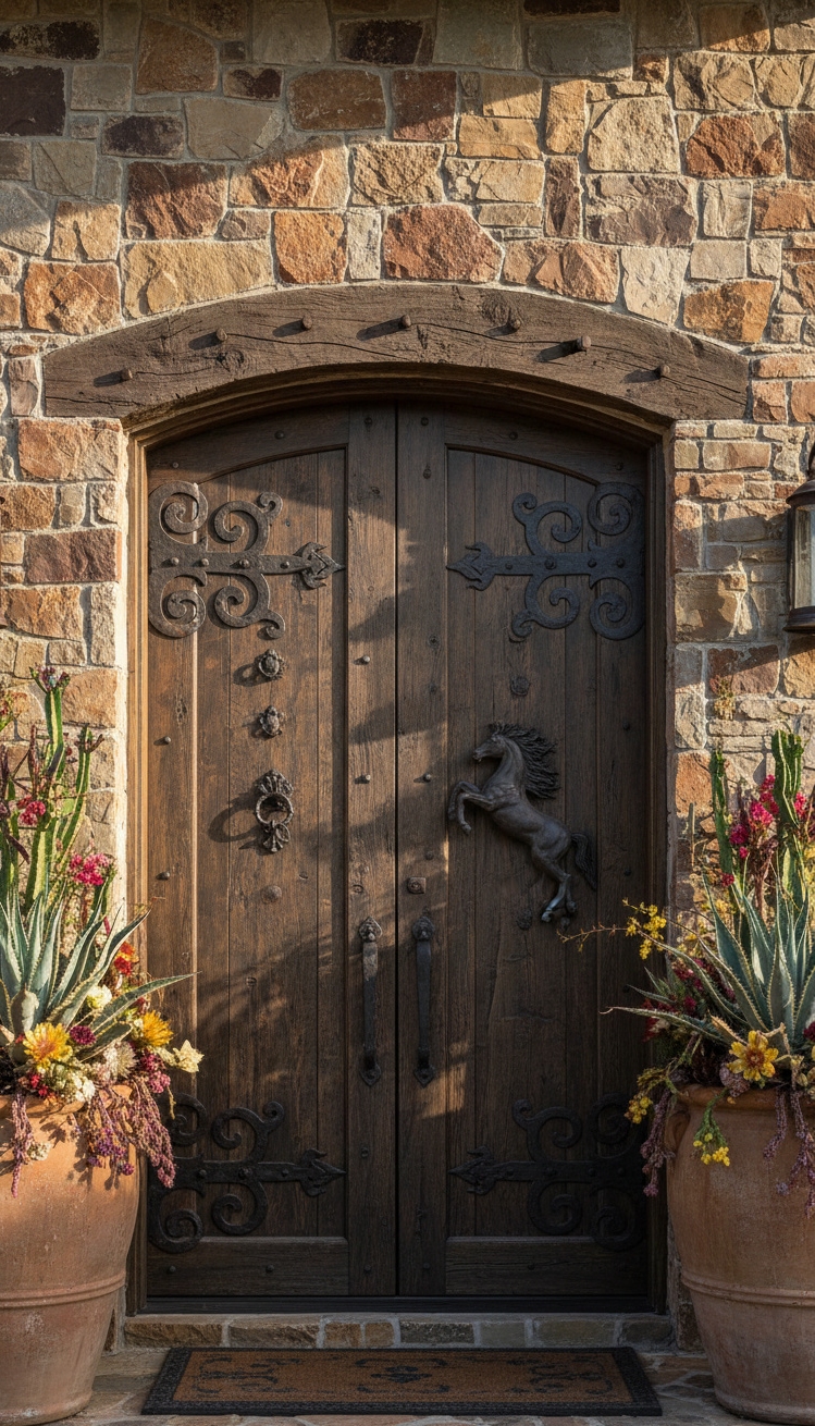 ranch mansion - Impressive Wooden Door Creates a Bold Entrance - The wooden door stands out with its dark stain and iron hardware...