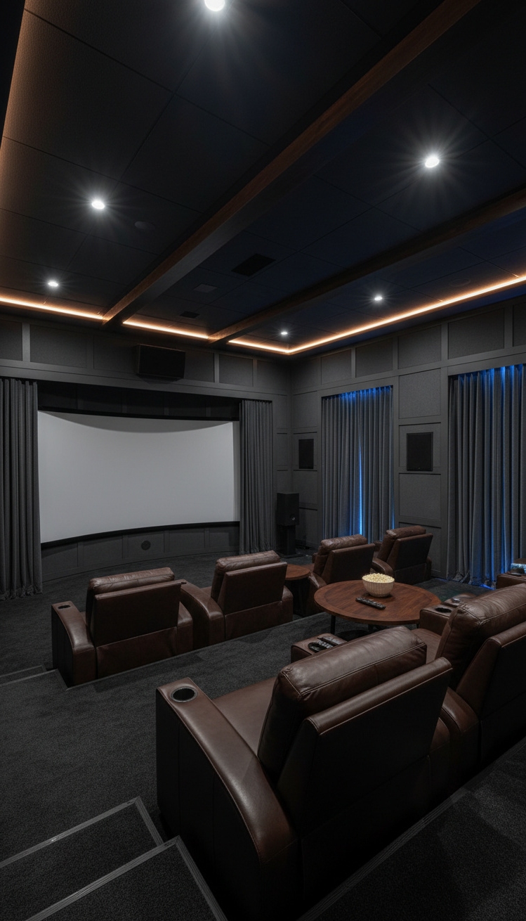 ranch mansion - Dark-Hued Walls Craft a Cozy Home Theater - Dark walls create an intimate theater space...