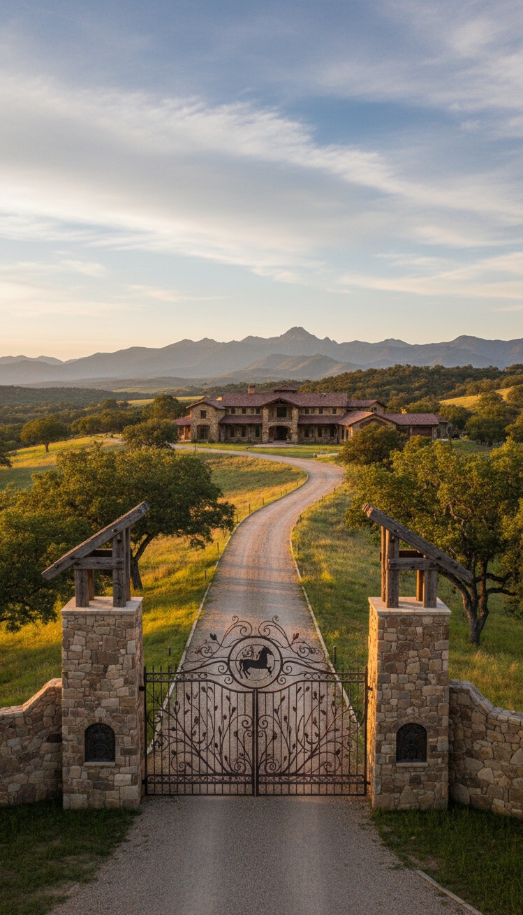 ranch mansion - Stone Pillars Frame the Ranch Gateway - Tall stone pillars flank the entrance...