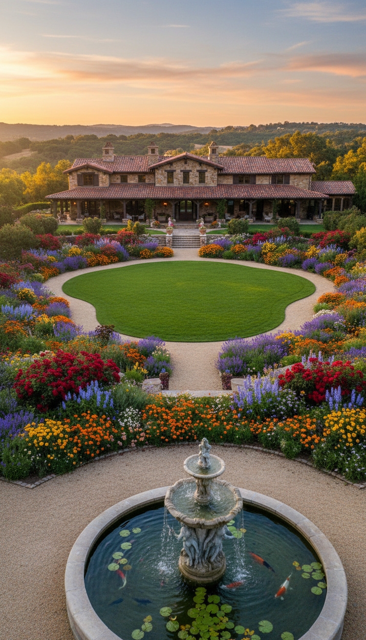 ranch mansion - Vibrant Gardens Infuse Color and Life - Colorful flowers brighten the gardens...