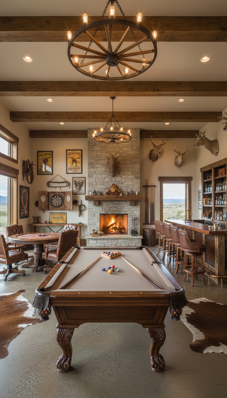 ranch mansion - Worn Leather Poker Table Welcomes Friendly Games - The leather poker table invites players...