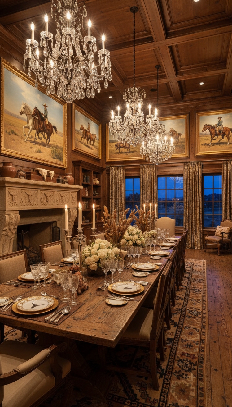 ranch mansion - Impressive Long Wooden Dining Table - The polished wooden table shines under crystal chandeliers...