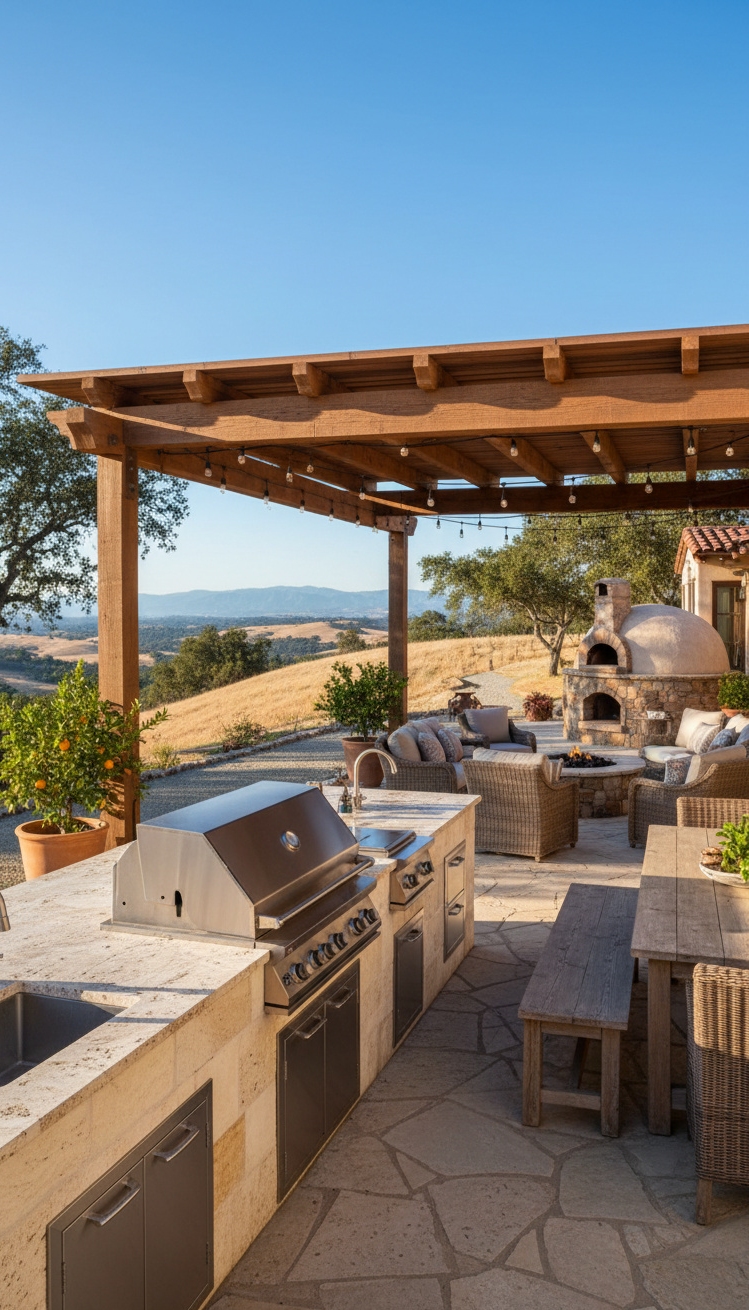 ranch mansion - Outdoor Kitchen Serves as Social Hub - Stainless steel grill contrasts with stone countertops...