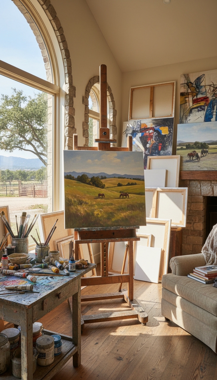 ranch mansion - Bright Whitewashed Walls Illuminate Art Studio - Whitewashed walls brighten the creative space...