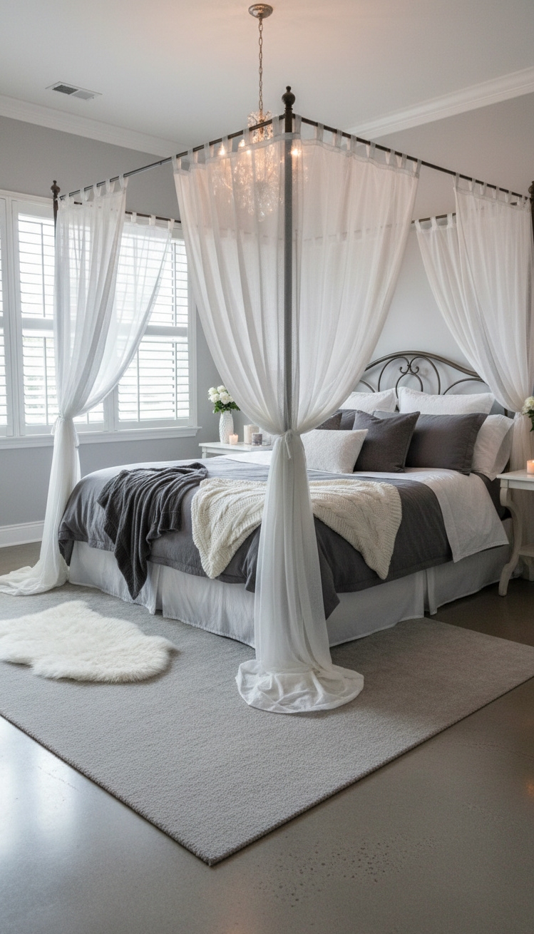 white and gray bedroom - Sheer Curtains for Gentle Light Diffusion - Gray canopy bed with sheer curtains