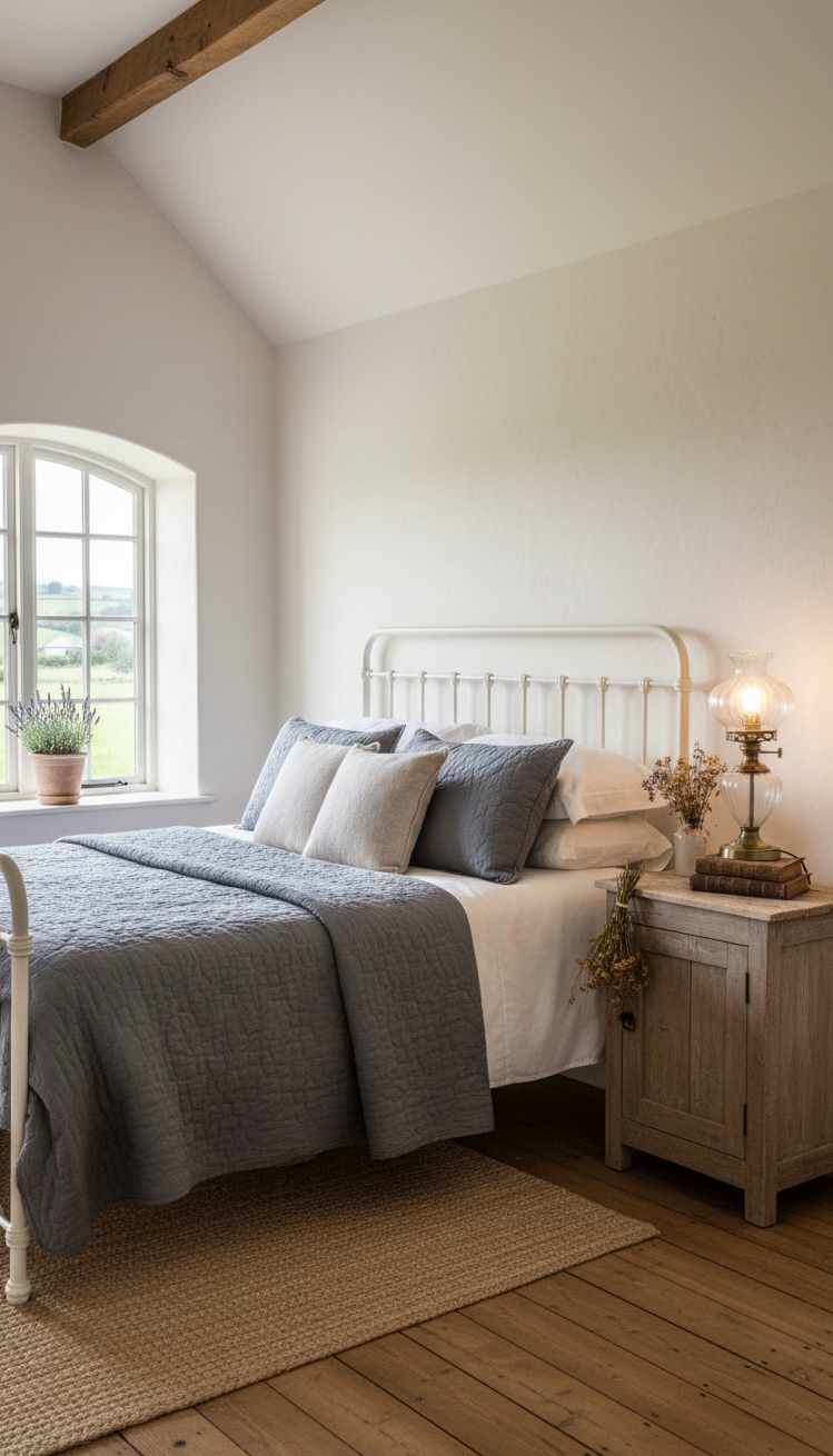 white and gray bedroom - Farmhouse Charm with Iron Bed Frame - White iron bed and rustic wood