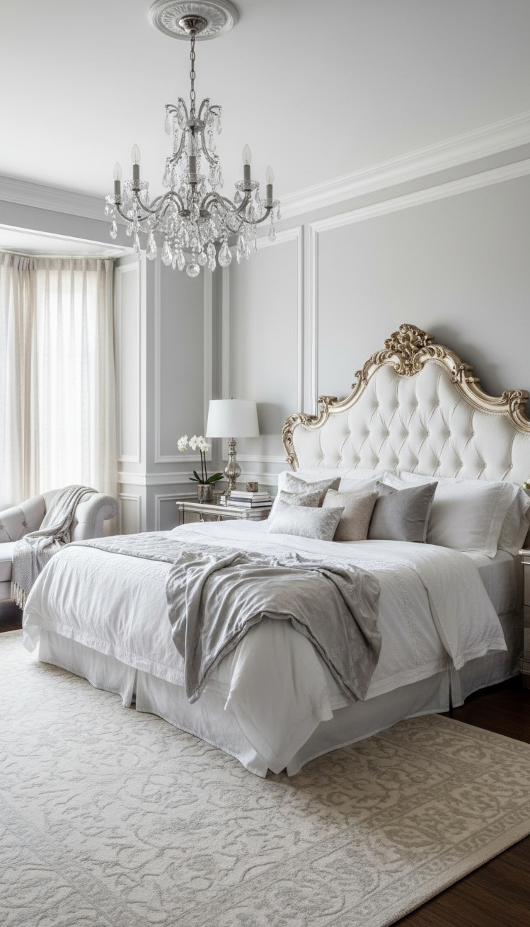 white and gray bedroom - Airy Gray Walls with Elegant Accents - Light gray walls and crystal chandelier