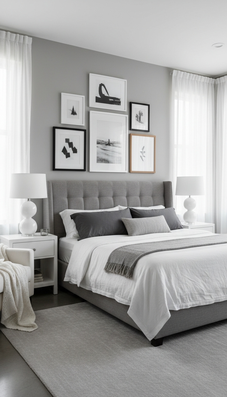 white and gray bedroom - Artful Touches: Framed Artwork as a Focal Point - Gallery wall above bed