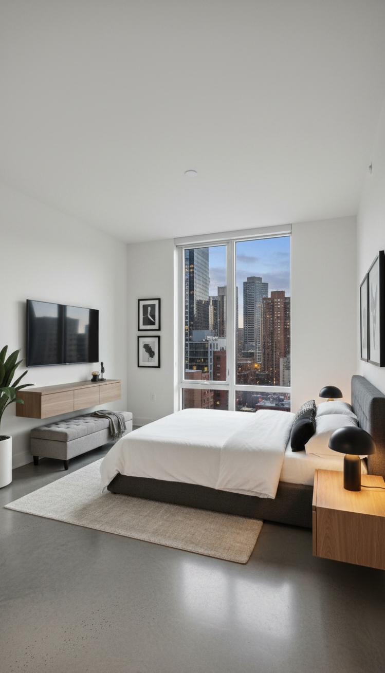 white and gray bedroom - Modern Minimalism with Concrete Floors - Cool concrete flooring and soft gray walls