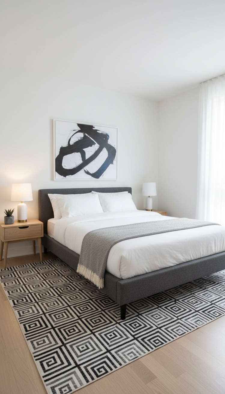 white and gray bedroom - Eye-Catching Upholstered Bed - Gray upholstered bed with geometric rug