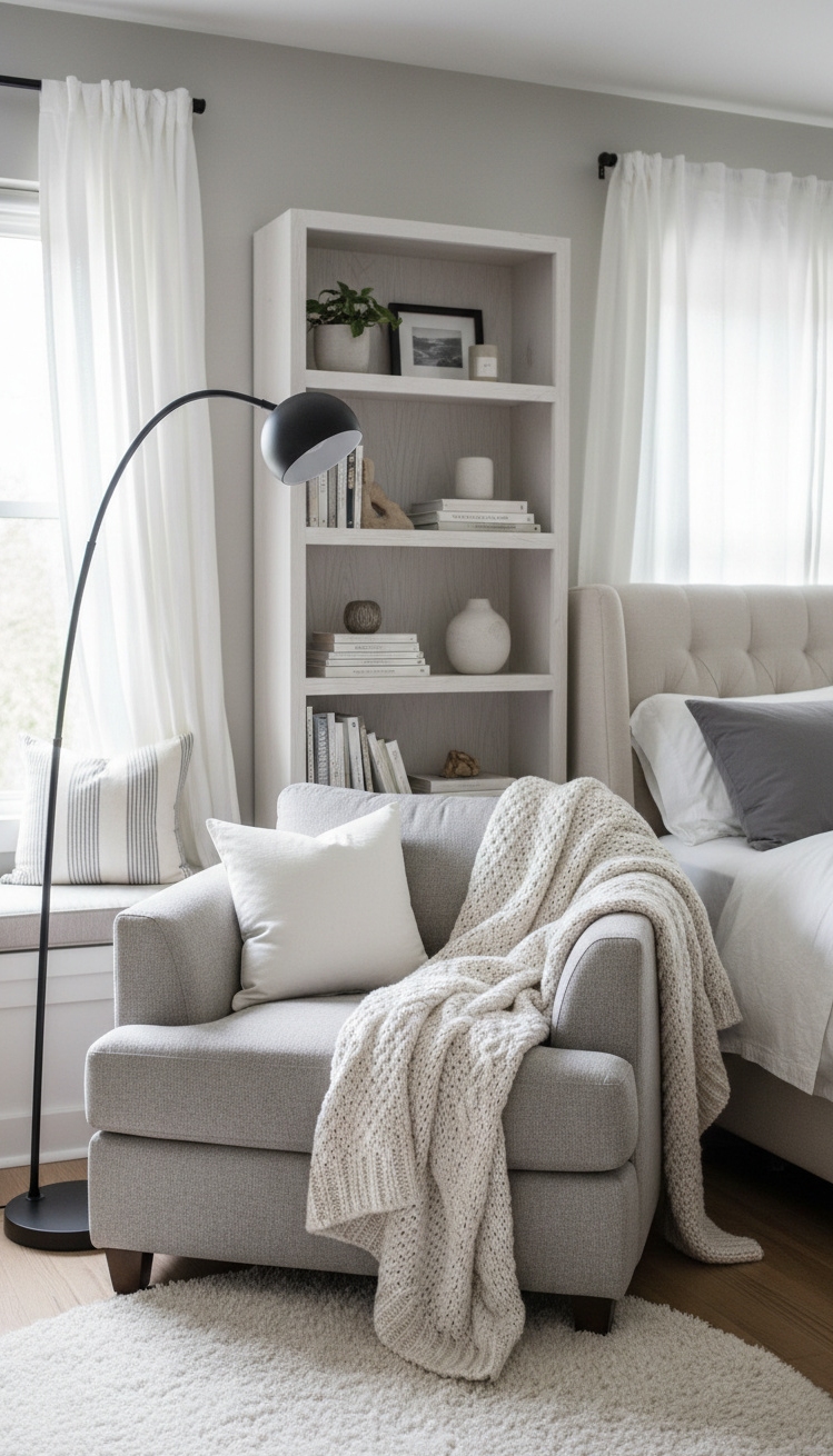 white and gray bedroom - Creating a Cozy Reading Nook with Soft Textures - Gray armchair and floor lamp