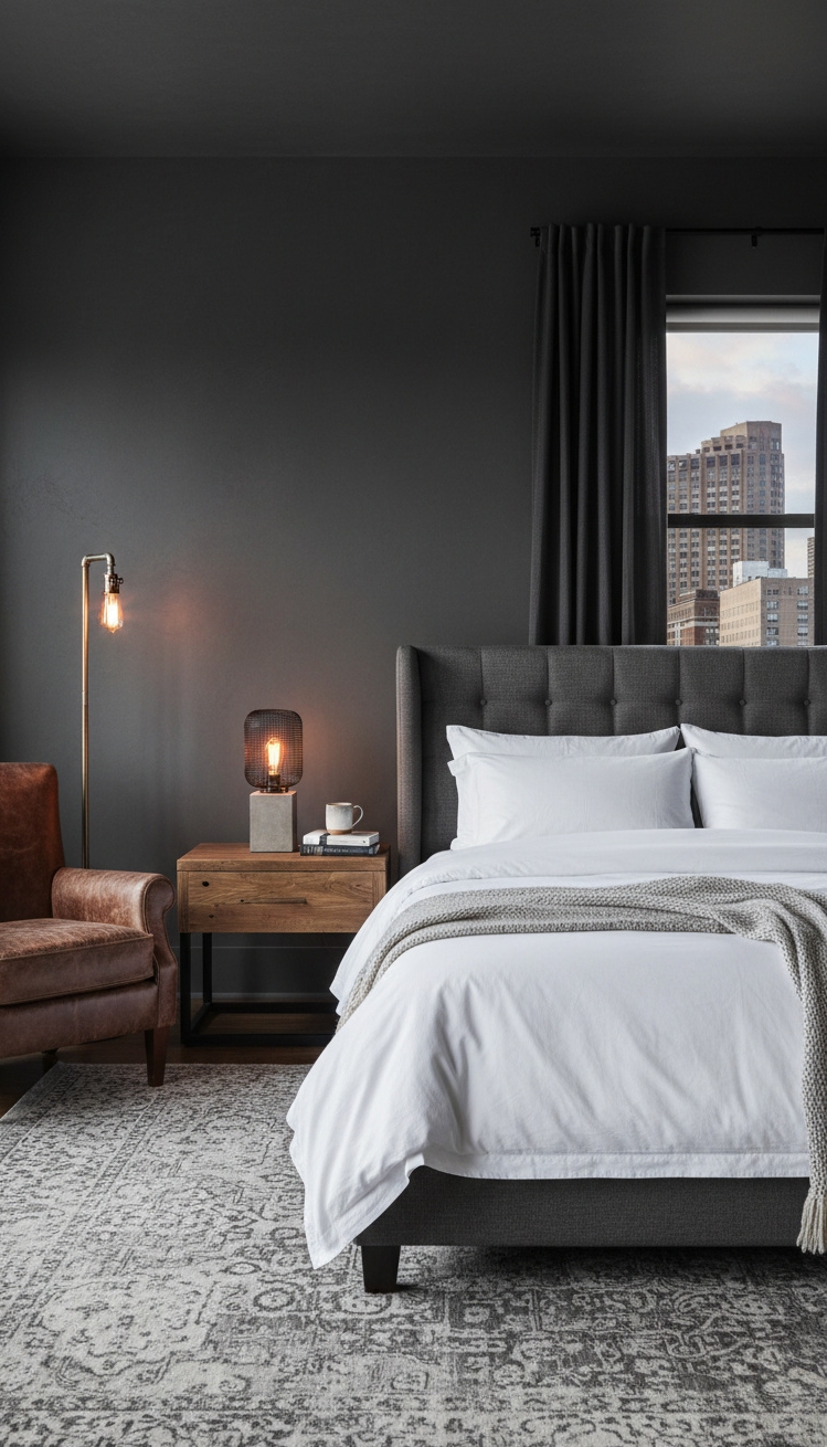 white and gray bedroom - Dark Gray Walls for an Intimate Ambiance - Cozy bedroom with leather armchair