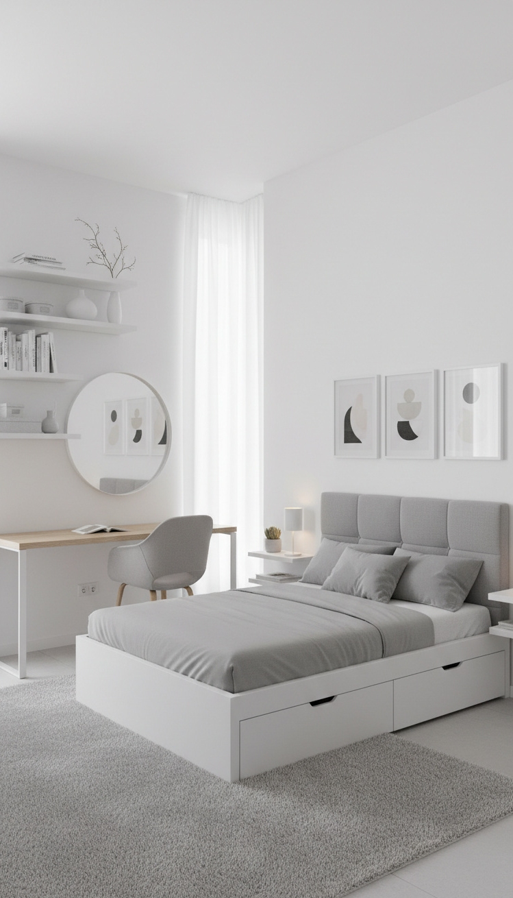 white and gray bedroom - Open and Airy with Floating Shelves - Minimalist shelves and soft textures