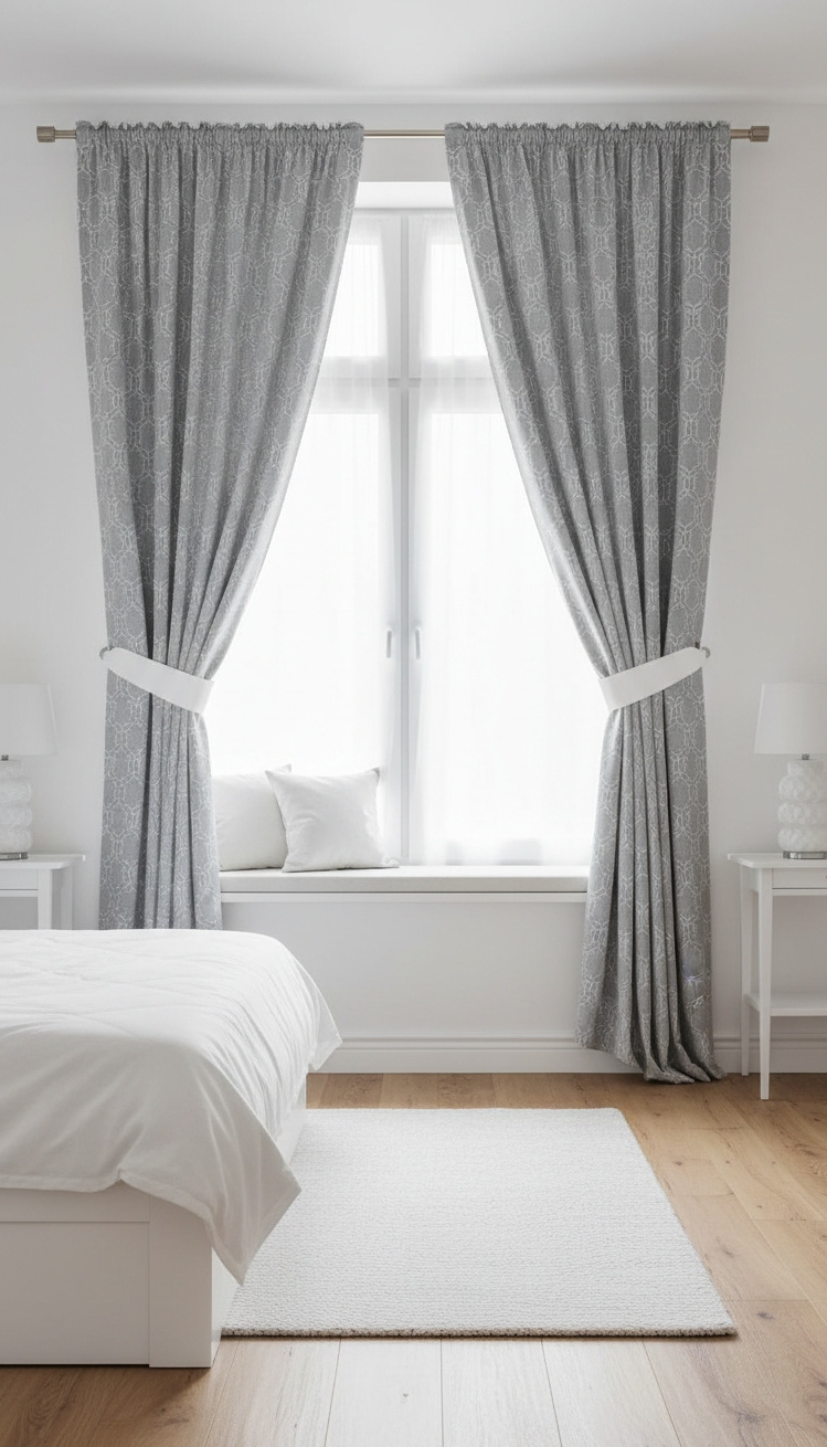 white and gray bedroom - Patterned Curtains Add Subtle Interest - Gray patterned curtains with white bedding
