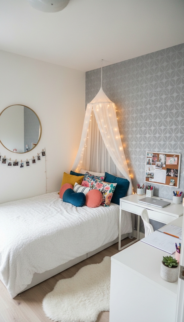 white and gray bedroom - Bright White Walls as a Teen’s Canvas - Gray patterned wallpaper and fairy lights