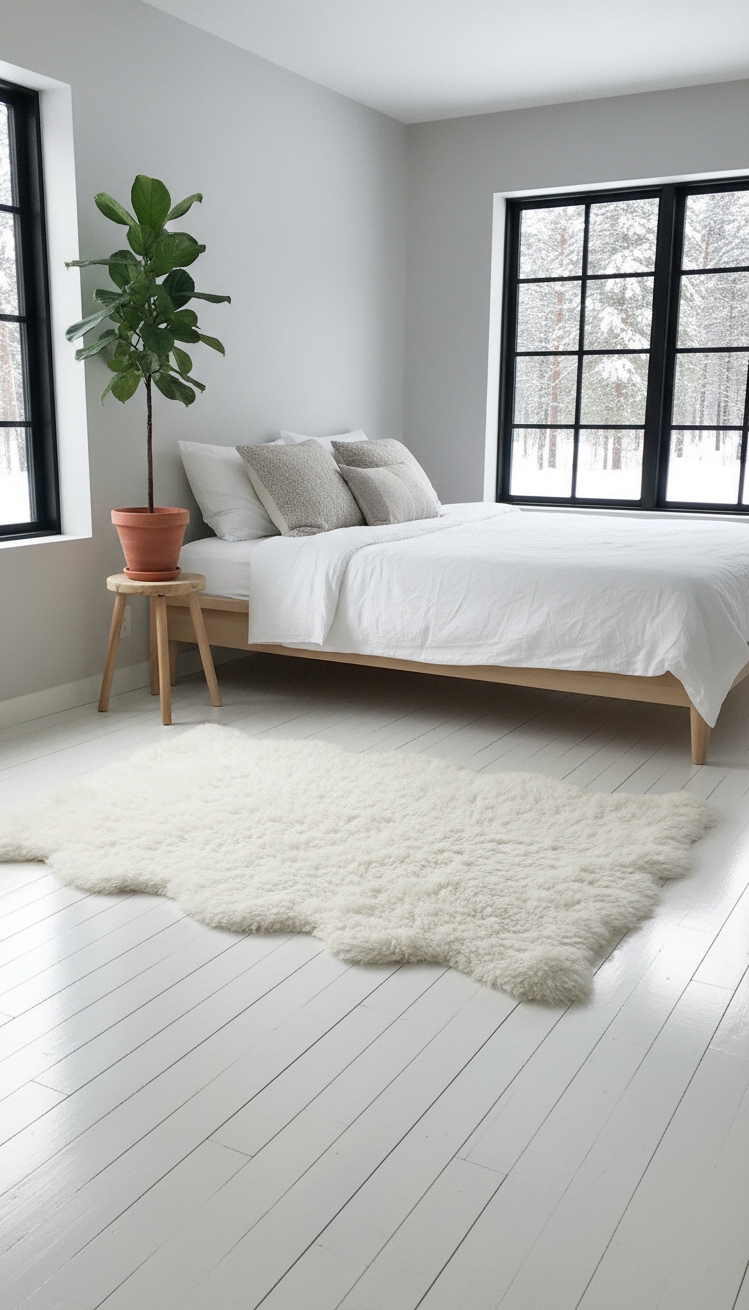 white and gray bedroom - Reflective White Floors Brighten the Space - White painted floors and sheepskin rug