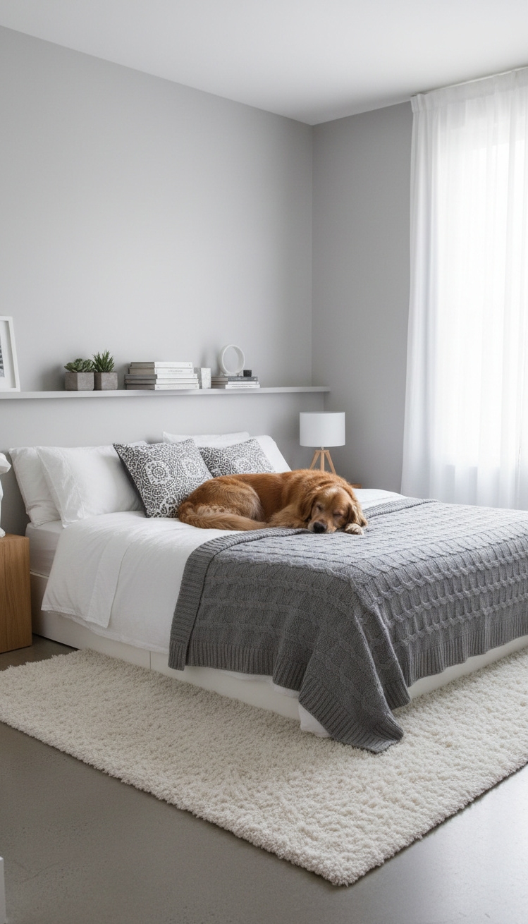 white and gray bedroom - Restful Ambiance with Soft Gray Walls - Gray walls and white bedding