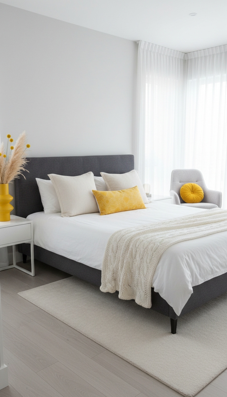 white and gray bedroom - Vibrant Yellow Pillows as Cheerful Accents - Yellow throw pillows brighten gray and white