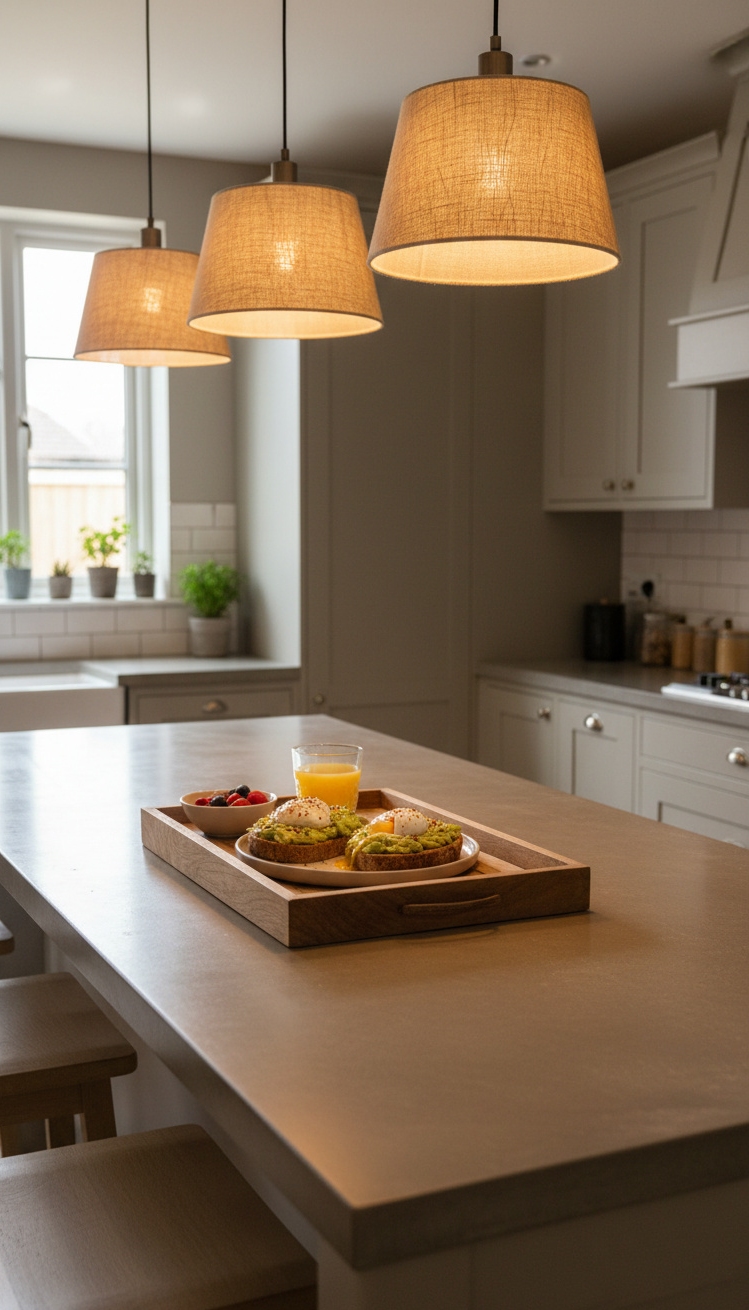 warm neutral kitchen - Warm Greige Kitchen Breakfast Bar - The breakfast bar anchors this warm greige kitchen....
