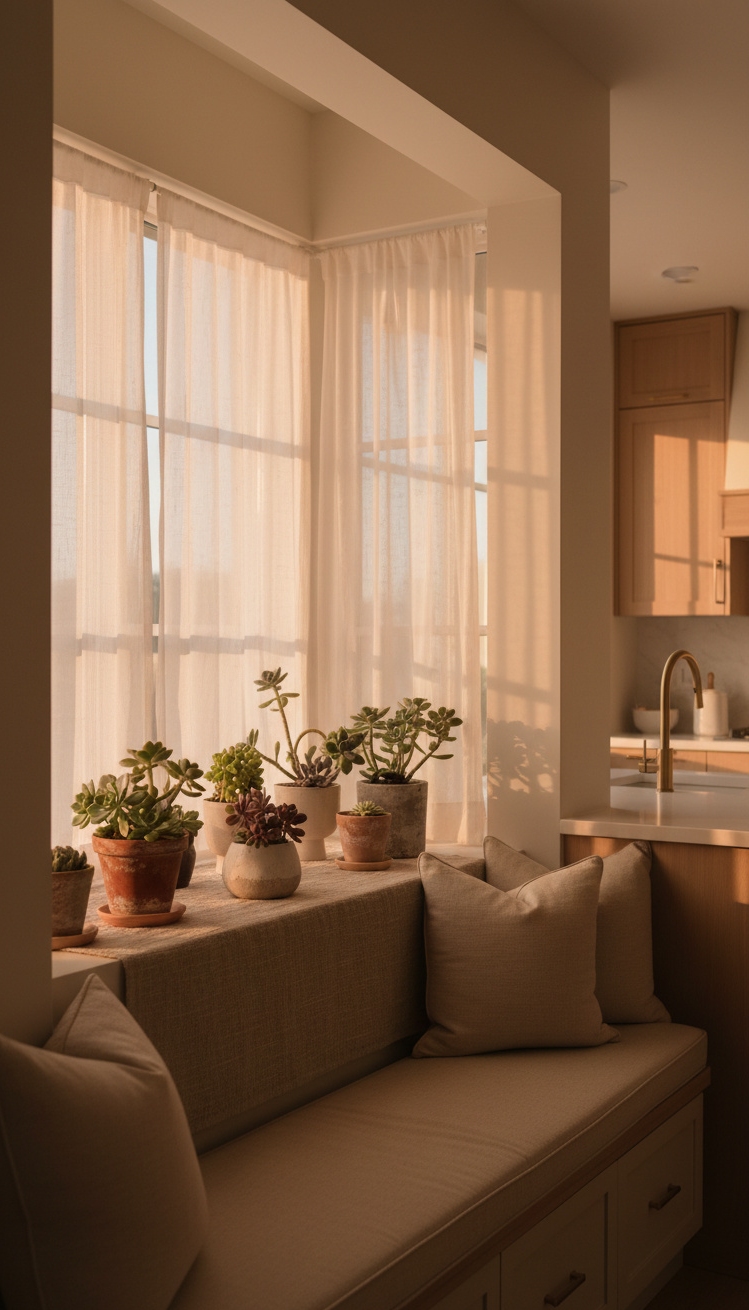 warm neutral kitchen - Golden Hour Kitchen Nook - This corner window nook draws you right in....