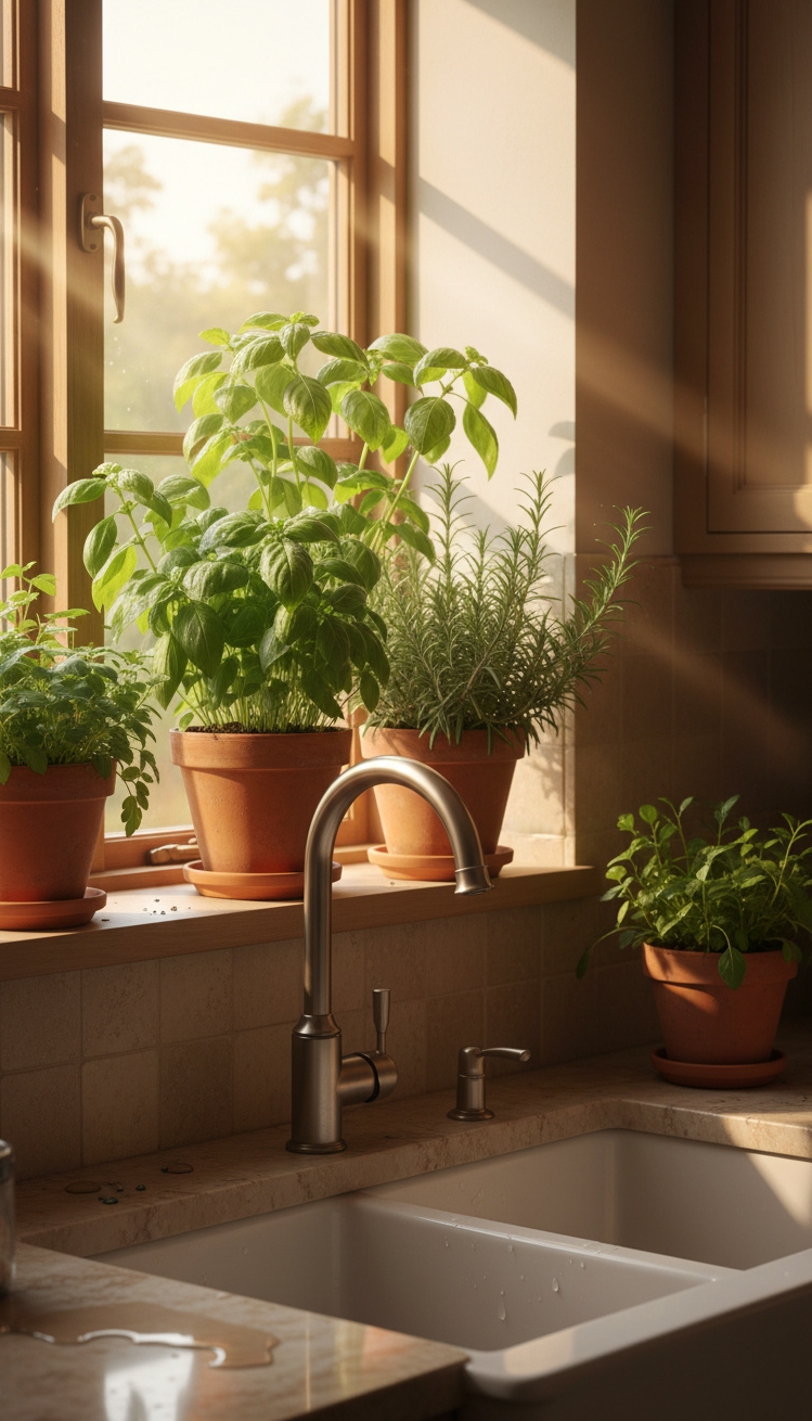 warm neutral kitchen - Warm Neutral Herb Windowsill - The herb garden sits pretty on the windowsill...