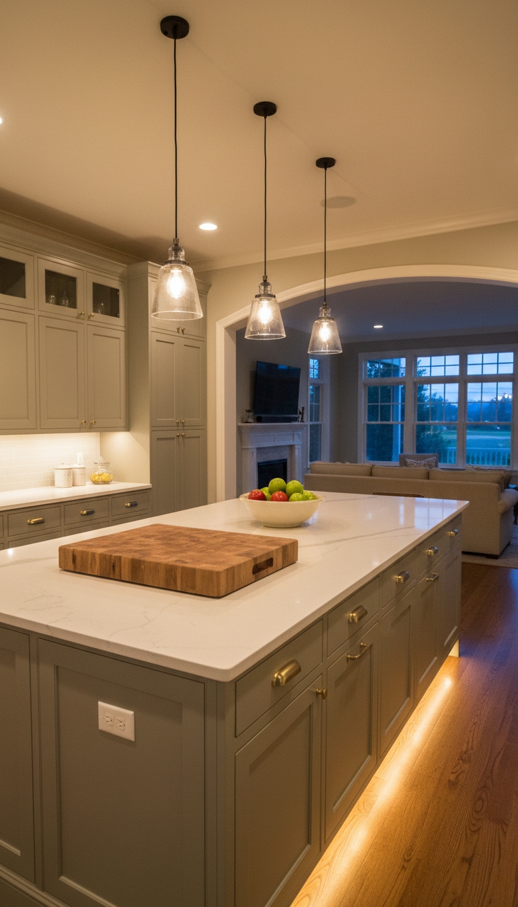 warm neutral kitchen - Greige Shaker Kitchen Glow - Greige shaker cabinets line this open kitchen. Their...