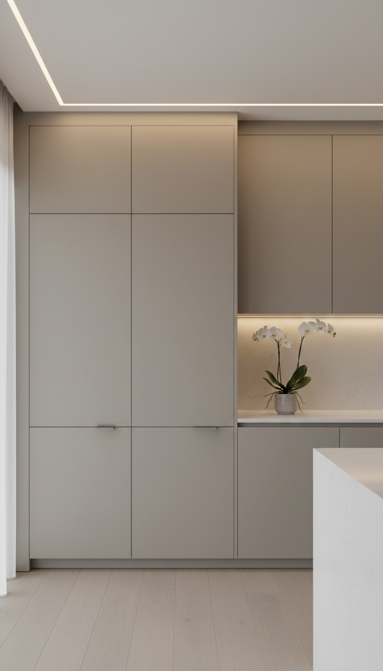 warm neutral kitchen - Minimalist Greige Kitchen - These seamless greige cabinets line the walls and...