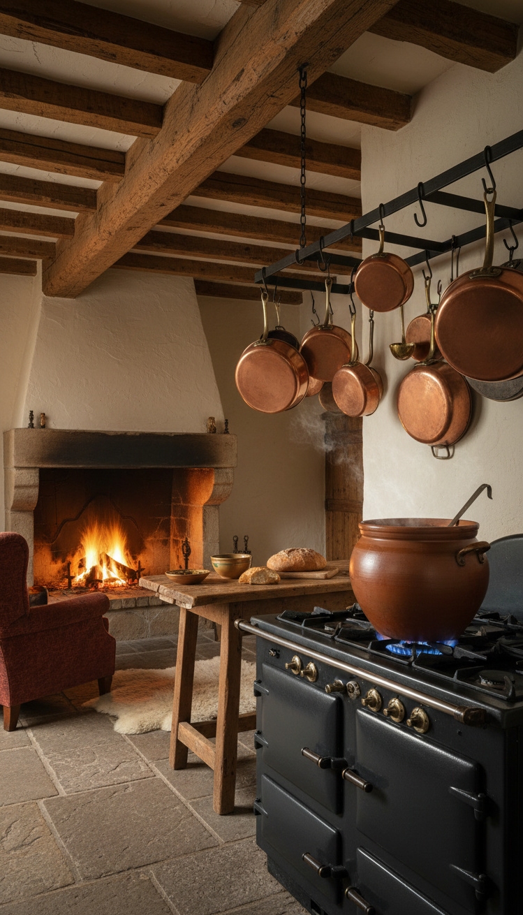 warm neutral kitchen - Warm Firelight Neutral Kitchen - Exposed wooden beams stretch across the ceiling. Rough,...