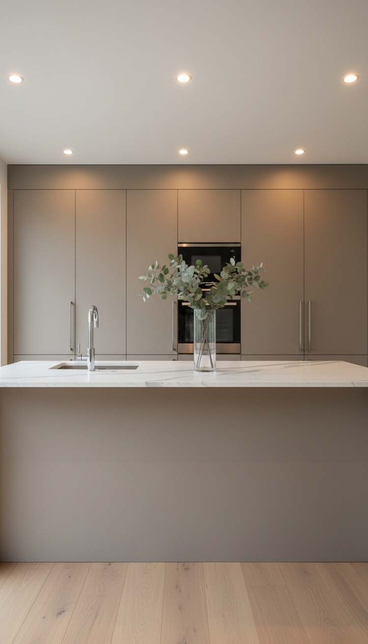 warm neutral kitchen - Modern Taupe Kitchen Warmth - These flat-panel taupe cabinets hug the walls in...