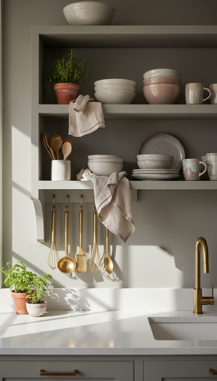 warm neutral kitchen - Greige Shelves with Brass and Ceramics - Open shelving lines this greige kitchen wall, stacked...