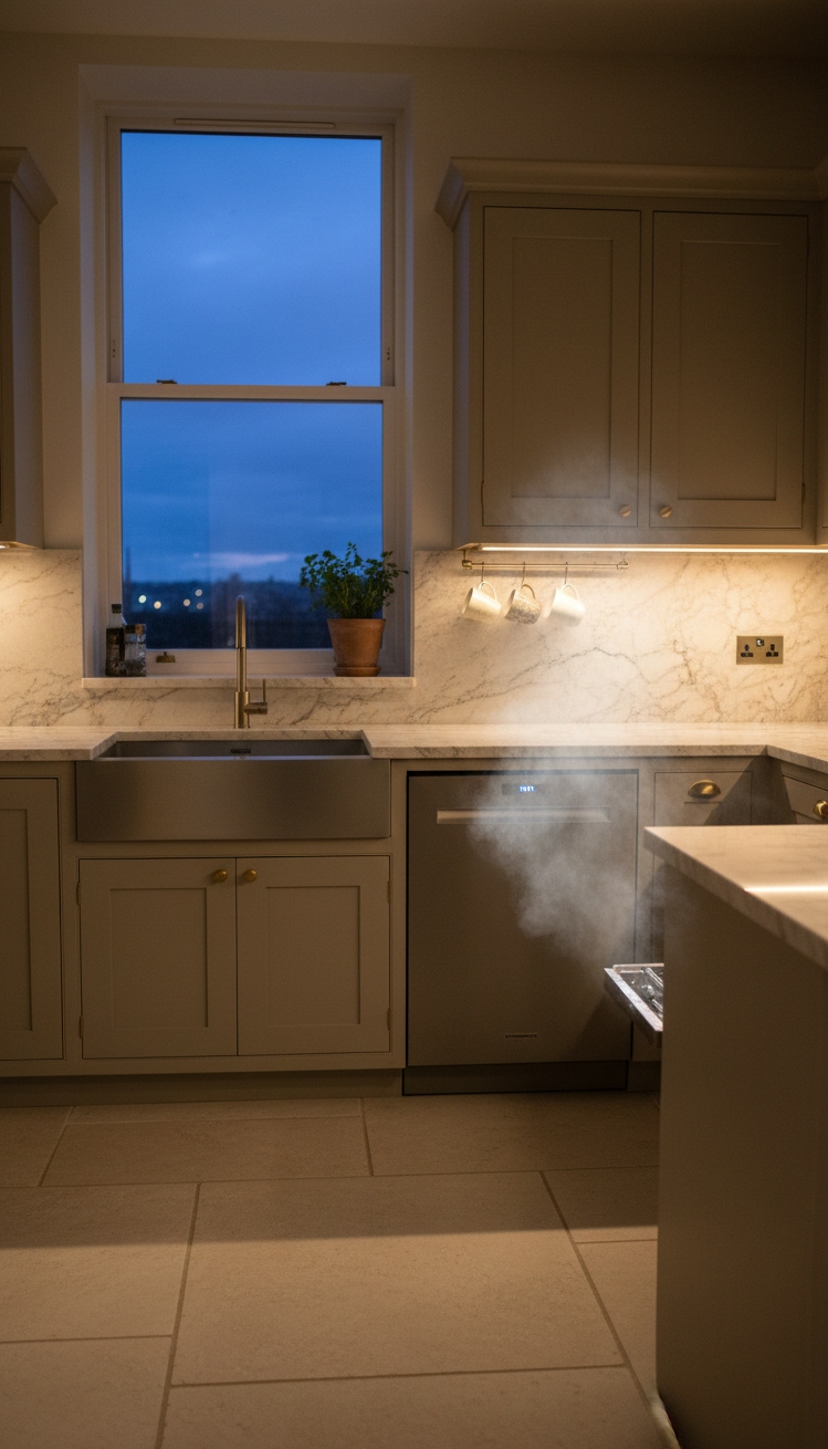warm neutral kitchen - Warm Neutrals at Dusk - Taupe cabinets soak up the glow from slim...