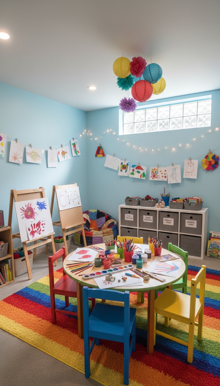 cool basement ideas - Basement Kids' Craft Area Ideas - These colorful decorations really pop against the neutral...