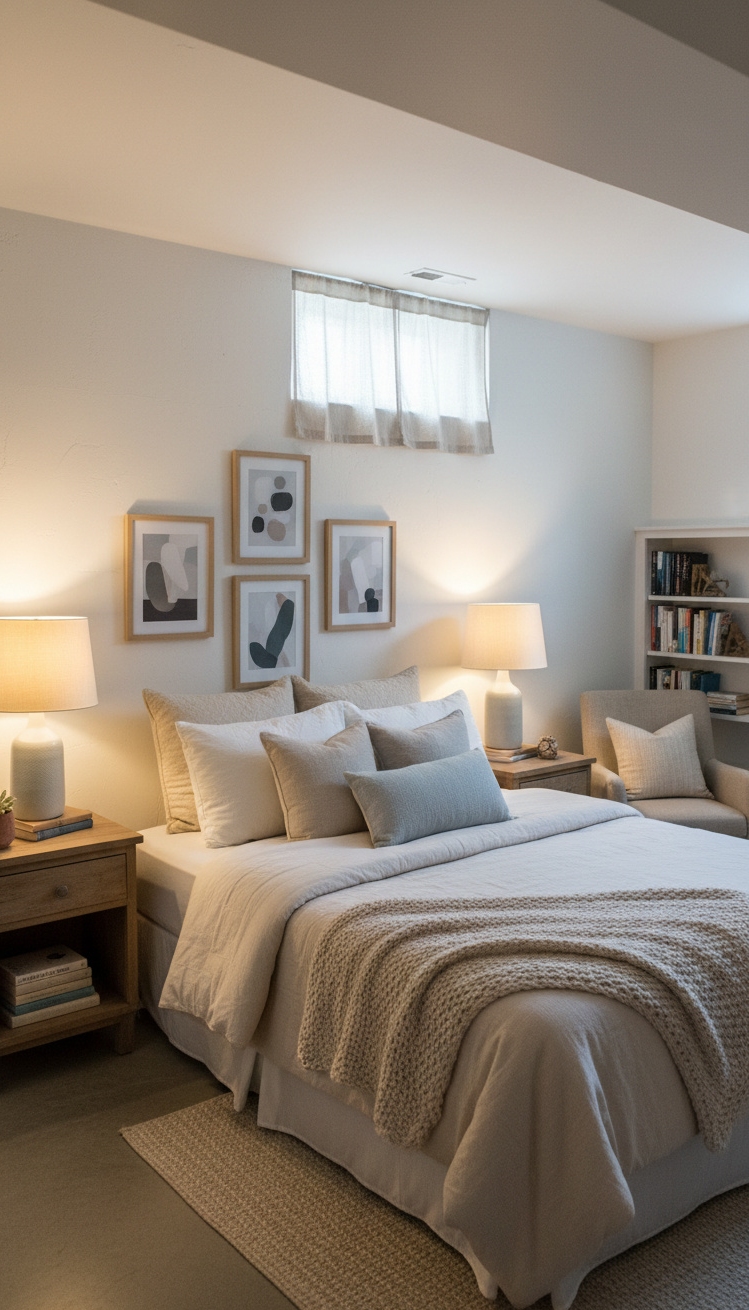 cool basement ideas - Basement Bedrooms: Cozy and Bright - These lamps cast a warm glow, highlighting the...