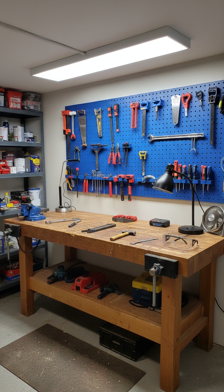 cool basement ideas - Cool Basement Workshop Design Ideas - The pegboard backdrop organizes this basement workshop and...