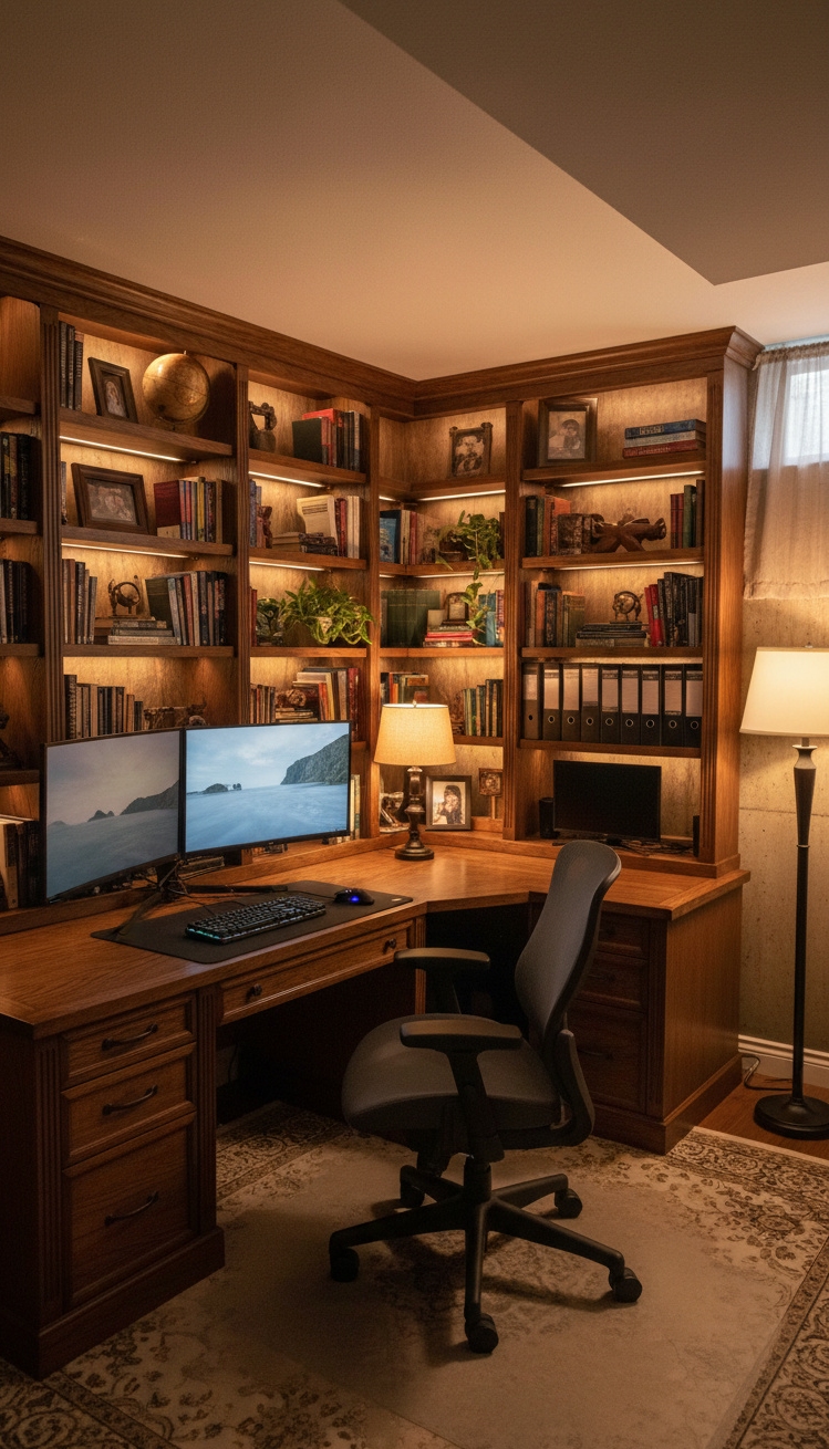 cool basement ideas - Basement Design: Warm and Functional - The built-in bookshelves steal the show. Dark wood...
