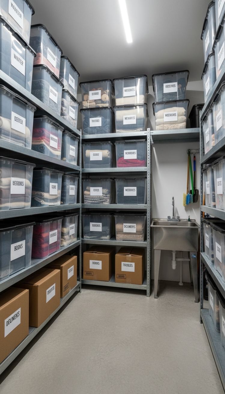 cool basement ideas - Basement Storage: Organized and Streamlined - These labeled boxes create a sense of order....