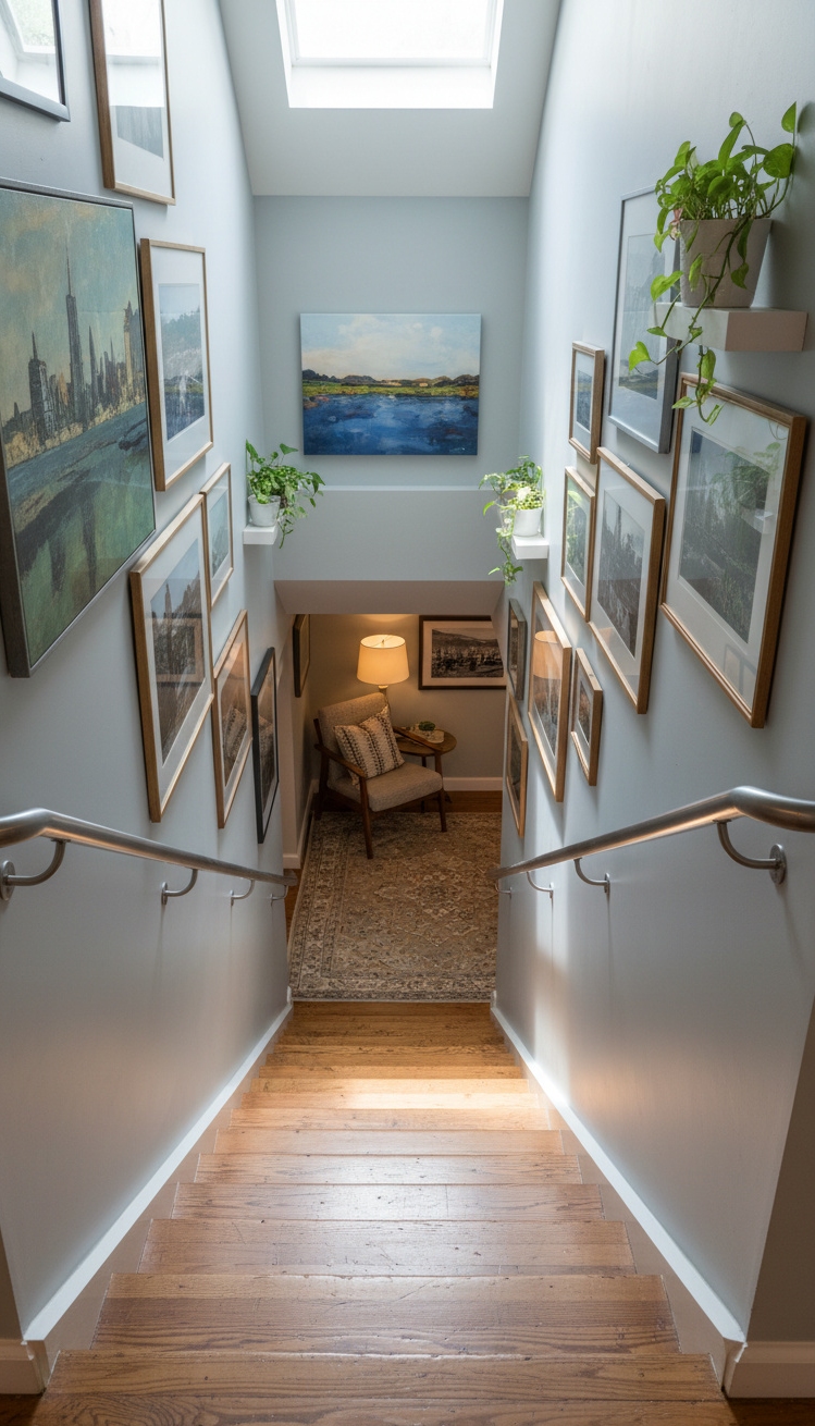 cool basement ideas - Basement Stairways: Light and Art - These wooden steps invite you down into a...