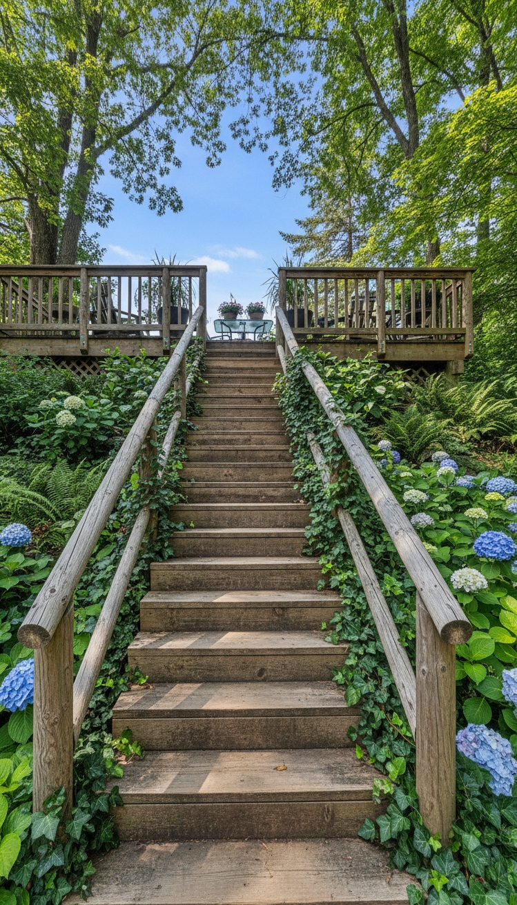 wooden staircase design - Inviting Outdoor Wooden Staircases - Natural wood steps surrounded by greenery
