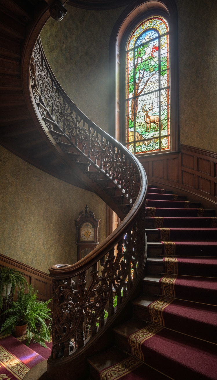 wooden staircase design - Bold and Dramatic Wooden Staircases - Dark wood spiral with stained glass